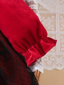 Cozy Pixies Baby Girls Red Velvet Autumn Dress With Back Bow, Mesh Puff Sleeves And Ruffle Hem, Elegant And Cute - Red - View 6
