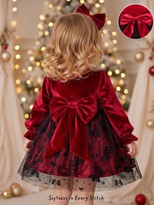 Cozy Pixies Baby Girls Red Velvet Autumn Dress With Back Bow, Mesh Puff Sleeves And Ruffle Hem, Elegant And Cute - Red - View 3