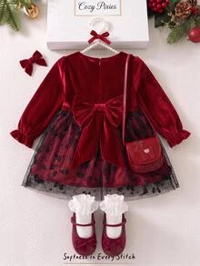 Cozy Pixies Baby Girls Red Velvet Autumn Dress With Back Bow, Mesh Puff Sleeves And Ruffle Hem, Elegant And Cute - Red - View 1