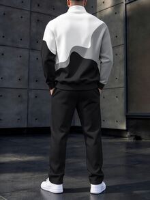 Manfinity Homme Black, White, Gray Asymmetrical Wave Colorblock Horse Logo Print Men's Set, Autumn/Winter Street Fashion Stand Collar Half-Zip Long Sleeve Sweatshirt, Elastic Waist Drawstring Wide Leg Sweatpants, Suitable For Daily Casual Outfits 2 Pieces Set - Multicolor - View 2