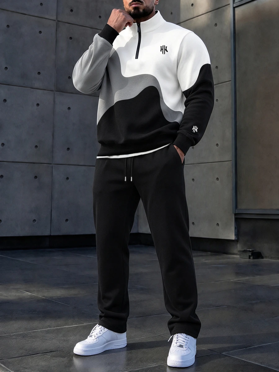 Manfinity Homme Black, White, Gray Asymmetrical Wave Colorblock Horse Logo Print Men's Set, Autumn/Winter Street Fashion Stand Collar Half-Zip Long Sleeve Sweatshirt, Elastic Waist Drawstring Wide Leg Sweatpants, Suitable For Daily Casual Outfits 2 Pieces Set - Multicolor - View 1