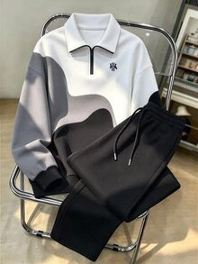 Manfinity Homme Black, White, Gray Asymmetrical Wave Colorblock Horse Logo Print Men's Set, Autumn/Winter Street Fashion Stand Collar Half-Zip Long Sleeve Sweatshirt, Elastic Waist Drawstring Wide Leg Sweatpants, Suitable For Daily Casual Outfits 2 Pieces Set - Multicolor - View 6