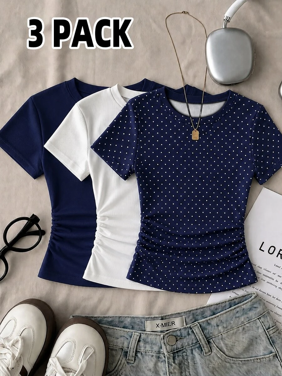 3PCS Teen Girls T-Shirts Formal Party White Navy Summer Casual Baggy - Multicolor - View 1