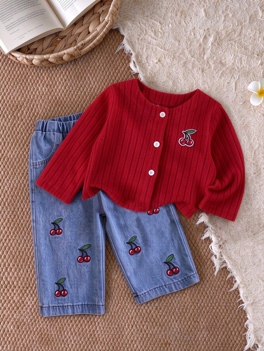 SHEIN Toddler Baby Set Girls 2 Piece Coat Set Cherry Embroidered Ribbed Knit Button Cardigan And Elastic Waist Denim Pants,Cute Casual Outfit For Fall