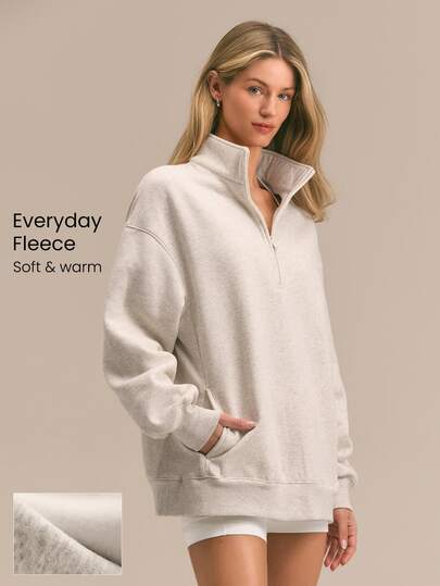 GLOWMODE Everyday Fleece Loose Hip Length Half-Zip Long Sleeve Sweatshirt With Side Pockets Daily Casual Fall Winter