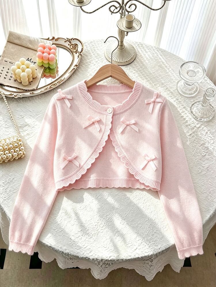 SHEIN Tween Girls Cute Light Pink Bow Cardigan, Scalloped Ruffle Trim Cropped Long Sleeve Knitted Sweater, Sweet Coquette Aesthetic School Top Fall - Pink - View 3