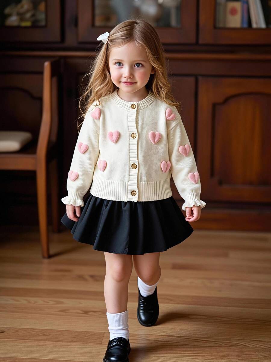 SHEIN Young Girls Cute 3D Heart Textured Knit Cardigan Long Sleeve Button Front Crewneck Ivory Soft Cozy Sweater Casual Jacket Fall Winter Clothes
