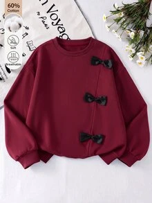 SHEIN طقم ملابس رياضية كاجوال للفتيات المراهقات بقطعتين، ملابس علوية سويت شيرت بفيونكة وزيادة كتف منسدل مع بنطال رياضي، 60% قطن، لون سادة - عنابي اللون - مشاهدة 5