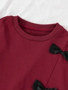 SHEIN طقم ملابس رياضية كاجوال للفتيات المراهقات بقطعتين، ملابس علوية سويت شيرت بفيونكة وزيادة كتف منسدل مع بنطال رياضي، 60% قطن، لون سادة - عنابي اللون - مشاهدة 8