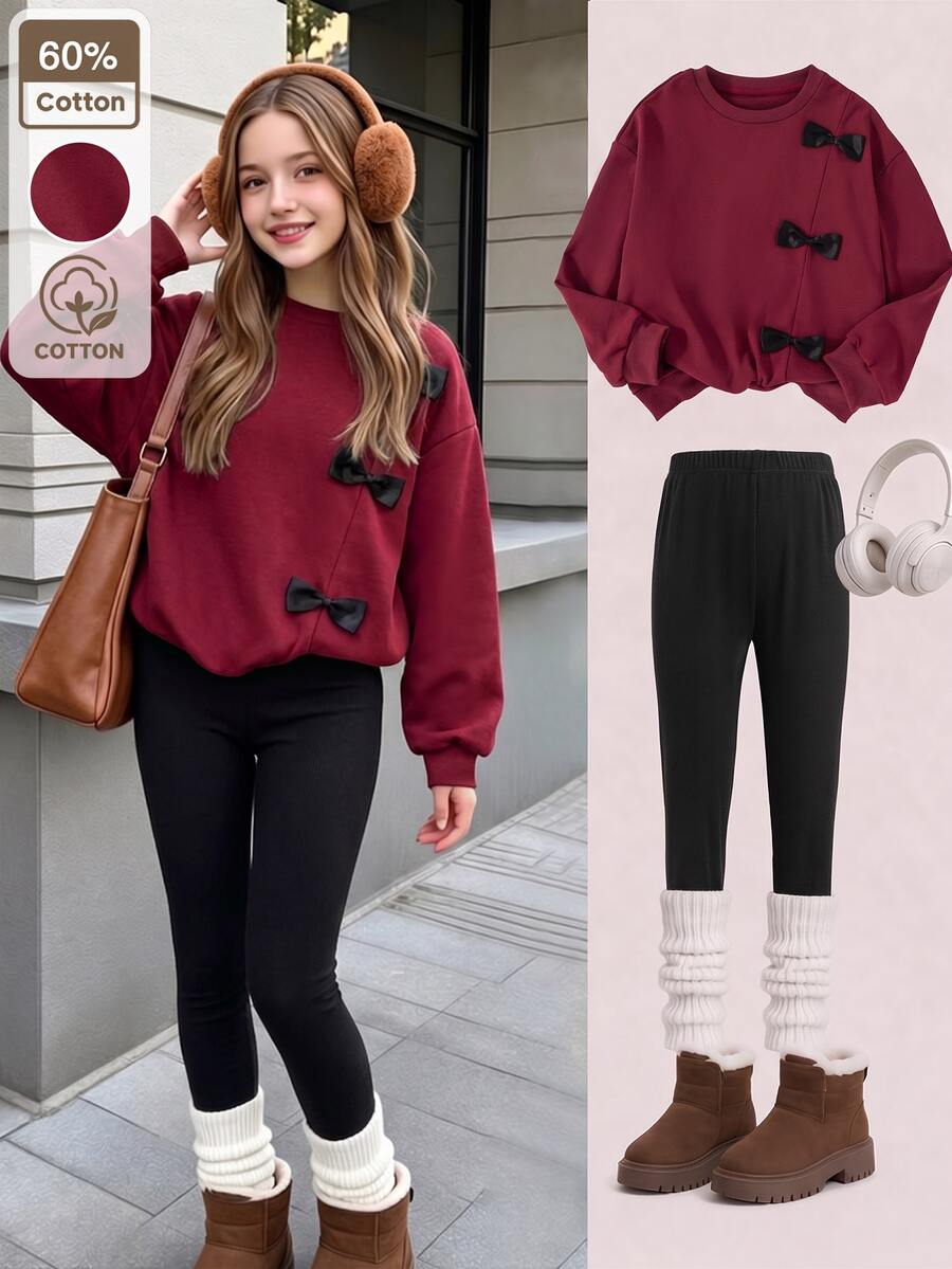 SHEIN طقم ملابس رياضية كاجوال للفتيات المراهقات بقطعتين، ملابس علوية سويت شيرت بفيونكة وزيادة كتف منسدل مع بنطال رياضي، 60% قطن، لون سادة