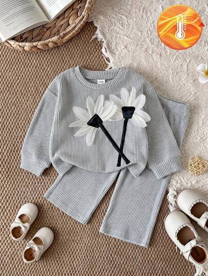SHEIN 2pcs Toddler Baby Girl T Shirt Pants Cute Gray Ribbed Knit Long Sleeve Crew Neck Regular Fit Bow Cozy Fall Princess Kids Girls Holiday Winter Casual