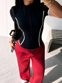 Dewbera Dewbera Women's Zipper Front Short Sleeve Casual Sports Jumpsuit - Black - View 6