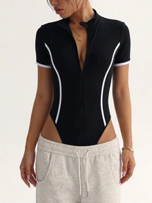 Dewbera Dewbera Women's Zipper Front Short Sleeve Casual Sports Jumpsuit - Black - View 3