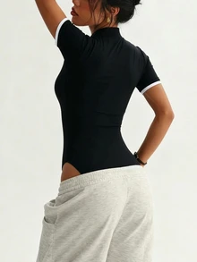 Dewbera Dewbera Women's Zipper Front Short Sleeve Casual Sports Jumpsuit - Black - View 2