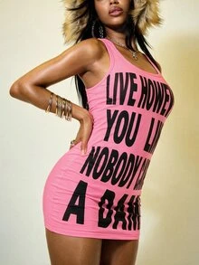 ROMWE Grunge Punk Dark Punk Letter Print Sexy Dress - Pink - View 4