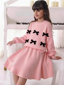 SHEIN Tween Girl Pink Pullover Sweater Set, Bow , Sweater + Skirt Set, Suitable For Autumn/Winter, Holiday Party, Casual Wear - Pink - View 7
