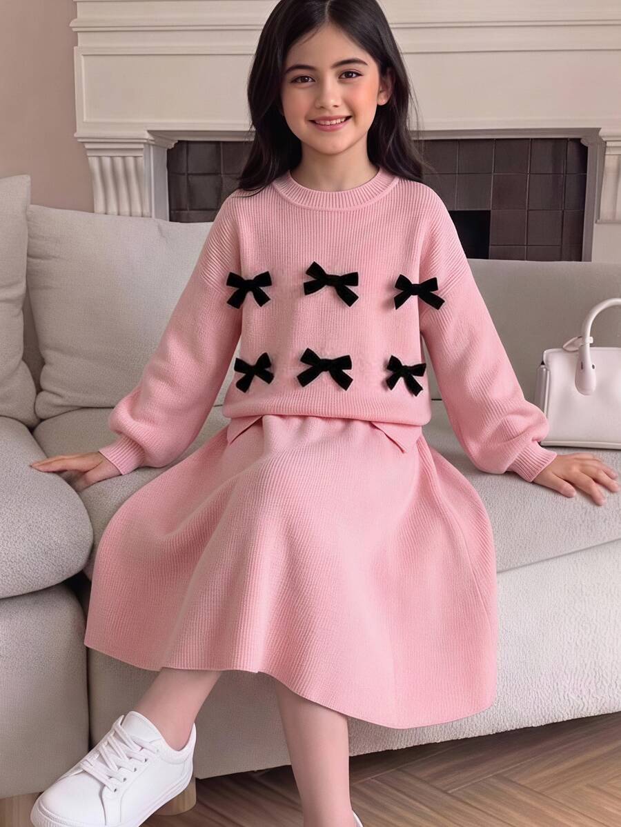 SHEIN Tween Girl Pink Pullover Sweater Set, Bow , Sweater + Skirt Set, Suitable For Autumn/Winter, Holiday Party, Casual Wear - Pink - View 1