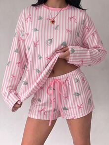 Aloruh Women's Casual Comfortable Christmas Tree Bow Striped Round Neck Long Sleeve Top And Drawstring Waist Shorts 2 Pieces Set, Christmas Cozy Pajama Set - Pink - View 8