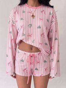 Aloruh Women's Casual Comfortable Christmas Tree Bow Striped Round Neck Long Sleeve Top And Drawstring Waist Shorts 2 Pieces Set, Christmas Cozy Pajama Set - Pink - View 6