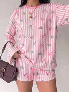 Aloruh Women's Casual Comfortable Christmas Tree Bow Striped Round Neck Long Sleeve Top And Drawstring Waist Shorts 2 Pieces Set, Christmas Cozy Pajama Set - Pink - View 5