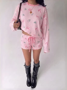 Aloruh Women's Casual Comfortable Christmas Tree Bow Striped Round Neck Long Sleeve Top And Drawstring Waist Shorts 2 Pieces Set, Christmas Cozy Pajama Set - Pink - View 7