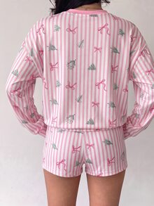 Aloruh Women's Casual Comfortable Christmas Tree Bow Striped Round Neck Long Sleeve Top And Drawstring Waist Shorts 2 Pieces Set, Christmas Cozy Pajama Set - Pink - View 4