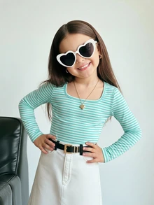 SHEIN Young Girl Autumn/Winter Solid Young Girl Ribbed Square Neck Knit Tops, Tops Back To School - Multicolor - View 2