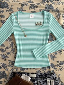 SHEIN Young Girl Autumn/Winter Solid Young Girl Ribbed Square Neck Knit Tops, Tops Back To School - Multicolor - View 1