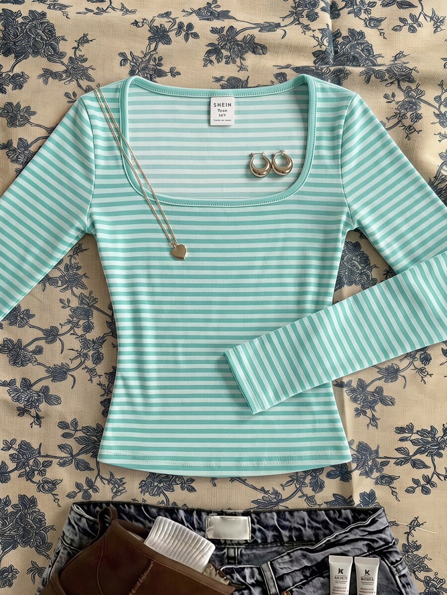 SHEIN Young Girl Autumn/Winter Solid Young Girl Ribbed Square Neck Knit Tops, Tops Back To School - Multicolor - View 1
