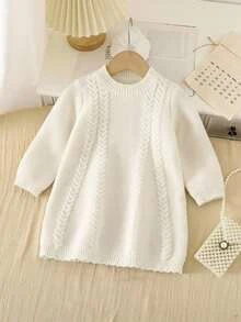 SHEIN Baby Girl Casual Cute Funny Solid Color Sweater Dress, Autumn/Winter Mustard Yellow - Beige - View 6