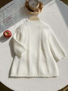 SHEIN Baby Girl Casual Cute Funny Solid Color Sweater Dress, Autumn/Winter Mustard Yellow - Beige - View 2