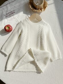 SHEIN Baby Girl Casual Cute Funny Solid Color Sweater Dress, Autumn/Winter Mustard Yellow - Beige - View 4