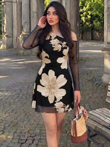 Seusyu Mesh Printed Asymmetrical Neckline Pleated Elegant Romantic Sexy Fall Women's Dress Garden Tea Party Black Floral - Apricot - View 6