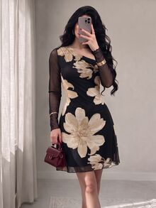 Seusyu Mesh Printed Asymmetrical Neckline Pleated Elegant Romantic Sexy Fall Women's Dress Garden Tea Party Black Floral - Apricot - View 1