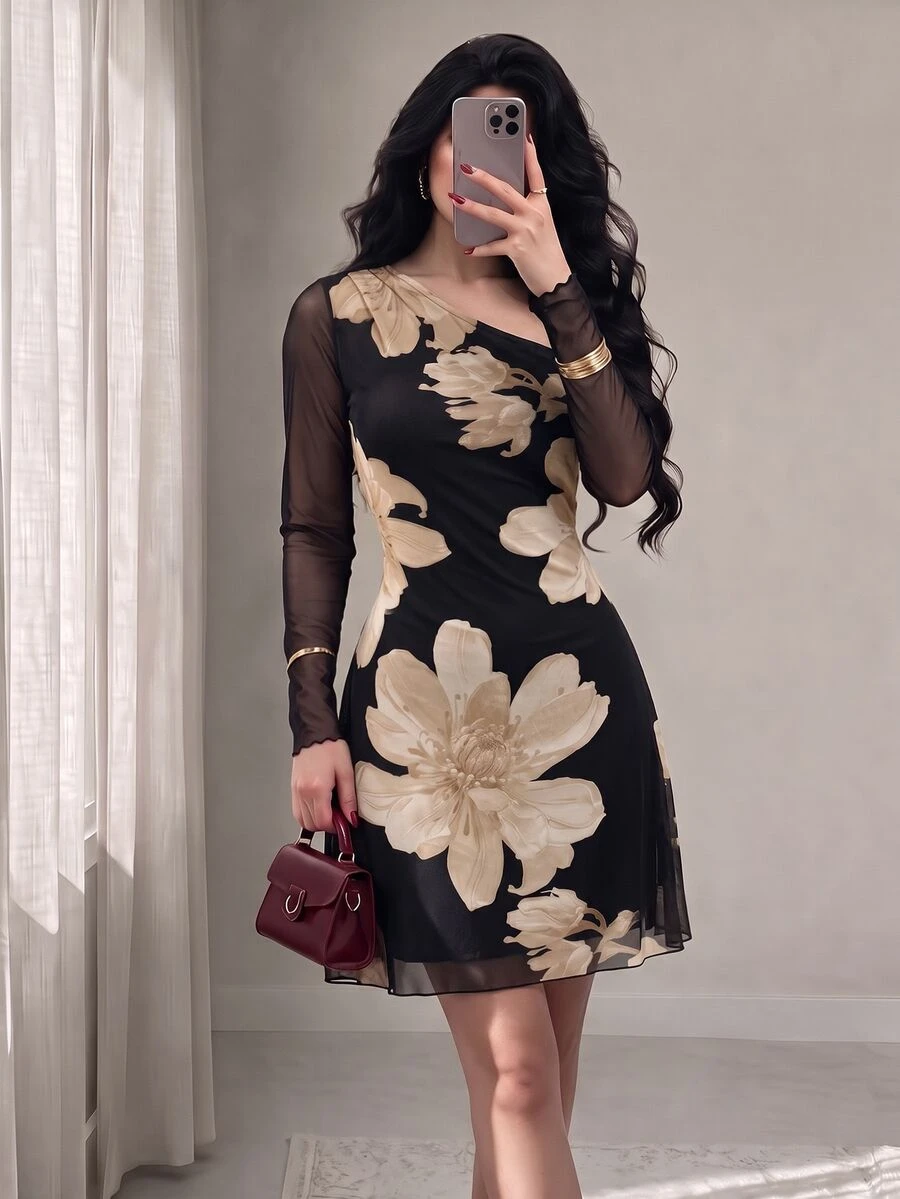 Seusyu Mesh Printed Asymmetrical Neckline Pleated Elegant Romantic Sexy Fall Women's Dress Garden Tea Party Black Floral - Apricot - View 1