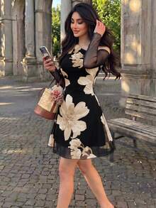 Seusyu Mesh Printed Asymmetrical Neckline Pleated Elegant Romantic Sexy Fall Women's Dress Garden Tea Party Black Floral - Apricot - View 4