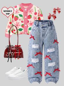 SHEIN Girls' Denim Jeans, All-Season New Style, Cute Cowgirl Cowboy Vintage Baby Blue Asymmetrical Waist Design With Ribbon Bow, Distressed Frayed Hem - Medium Wash - View 1