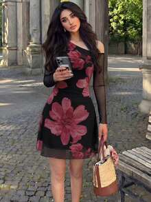 Seusyu Mesh Printed Asymmetrical Neckline Pleated Elegant Sexy Summer Women's Dress - Dark Red - View 5