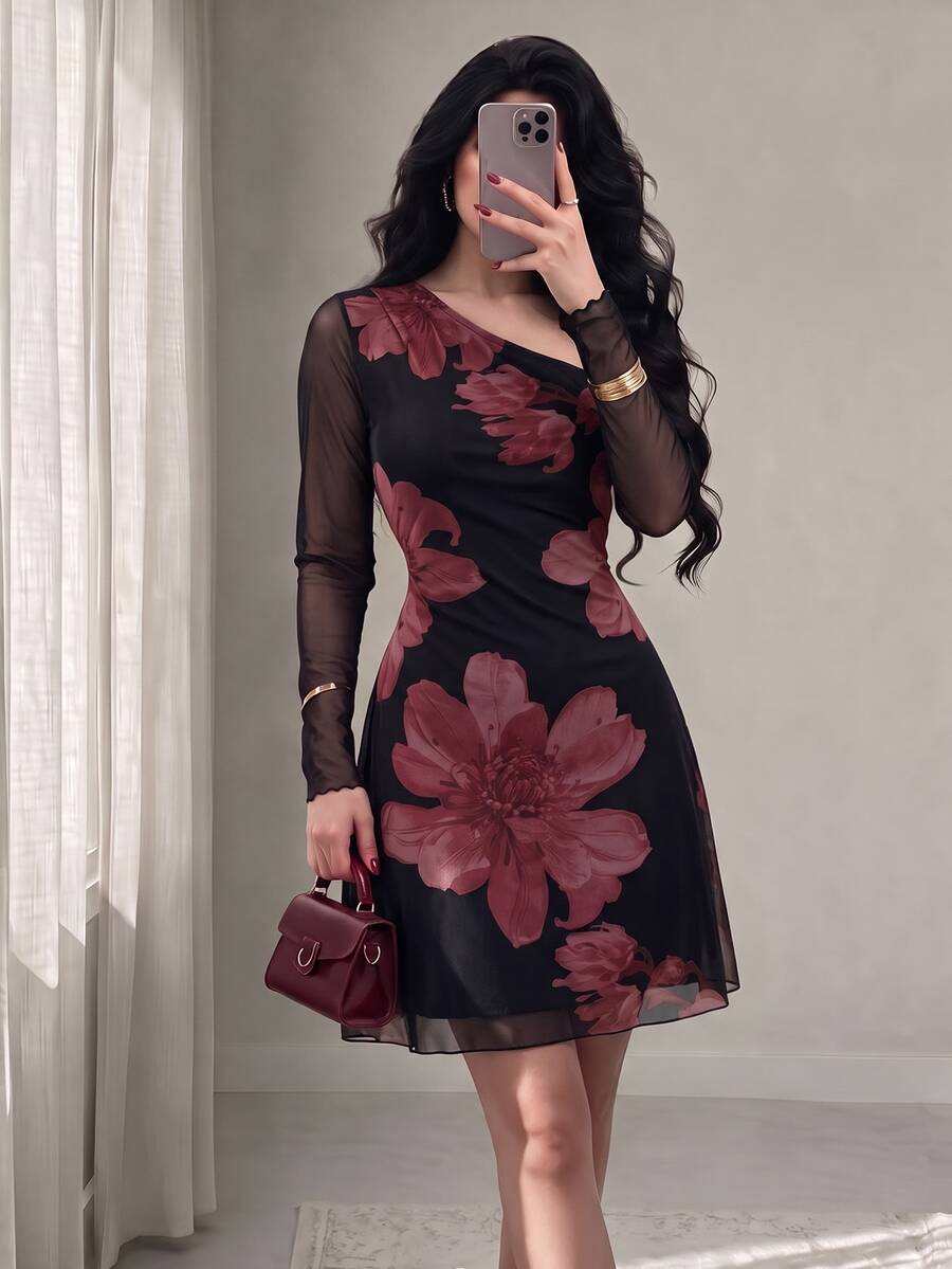 Seusyu Mesh Printed Asymmetrical Neckline Pleated Elegant Sexy Summer Women's Dress - Dark Red - View 1