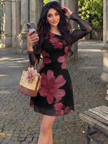 Seusyu Mesh Printed Asymmetrical Neckline Pleated Elegant Sexy Summer Women's Dress - Dark Red - View 7