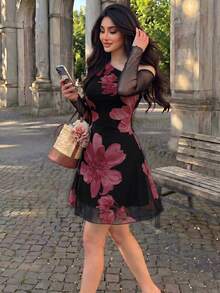 Seusyu Mesh Printed Asymmetrical Neckline Pleated Elegant Sexy Summer Women's Dress - Dark Red - View 6