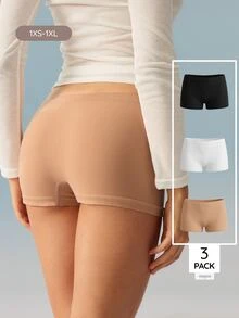 Bralution Women's Casual Comfy Knitted Fabric Plain Medium Stretch Boyshorts Multi-Color 3 Packs - Black - View 2