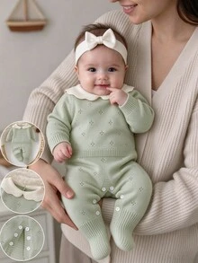 SHEIN Newborn Baby Grey-Purple Knit Romper, Soft Cartoon Jumpsuit With Elegant Details, Perfect For Spring, Autumn, Winter, Daily Wear, Parties, Travel And - Green - View 1