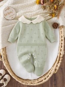 SHEIN Newborn Baby Grey-Purple Knit Romper, Soft Cartoon Jumpsuit With Elegant Details, Perfect For Spring, Autumn, Winter, Daily Wear, Parties, Travel And - Green - View 3