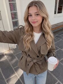 SHEIN Teen Girls Teen Girl Casual Daily Minimalist Plaid Collar Jacket, Autumn/Winter - Brown - View 6