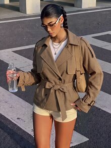 SHEIN Teen Girls Teen Girl Casual Daily Minimalist Plaid Collar Jacket, Autumn/Winter - Brown - View 5