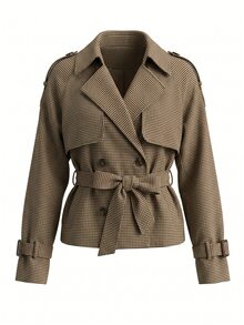 SHEIN Teen Girls Teen Girl Casual Daily Minimalist Plaid Collar Jacket, Autumn/Winter - Brown - View 4