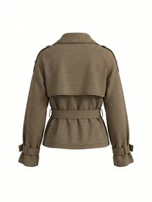 SHEIN Teen Girls Teen Girl Casual Daily Minimalist Plaid Collar Jacket, Autumn/Winter - Brown - View 2