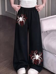 SHEIN Tween Girls Dark Style Casual Streetwear Goth Baggy Wide Leg Sweatpants, Black And Red Base With Spider Web Contrast Print, Halloween School Gym Fall - Multicolor - View 5