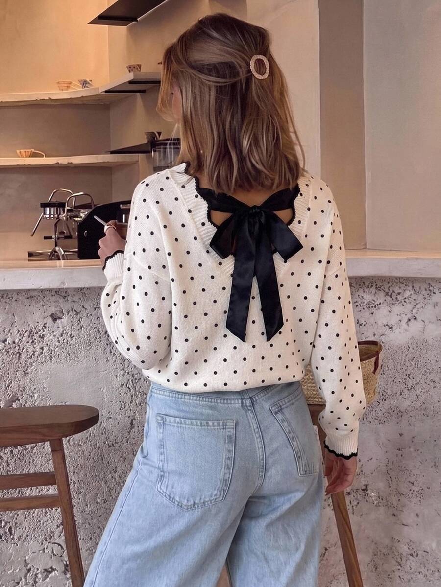 Serisse Women's Sweet Elegant Polka Dot Long Sleeve Sweater For Date Fall/Winter Elegant Formal Luxury Business Chic Basic Christmas Back To School - Apricot - View 1